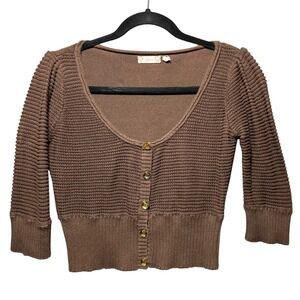 Y2K Guess Brown Cotton Knit Cropped Cardigan Gold Button Scoop Neck L